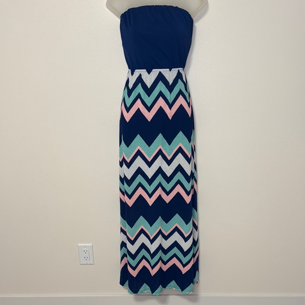 Chevron Strapless Maxi Dress - Navy, Light Pink, Mint Green Small